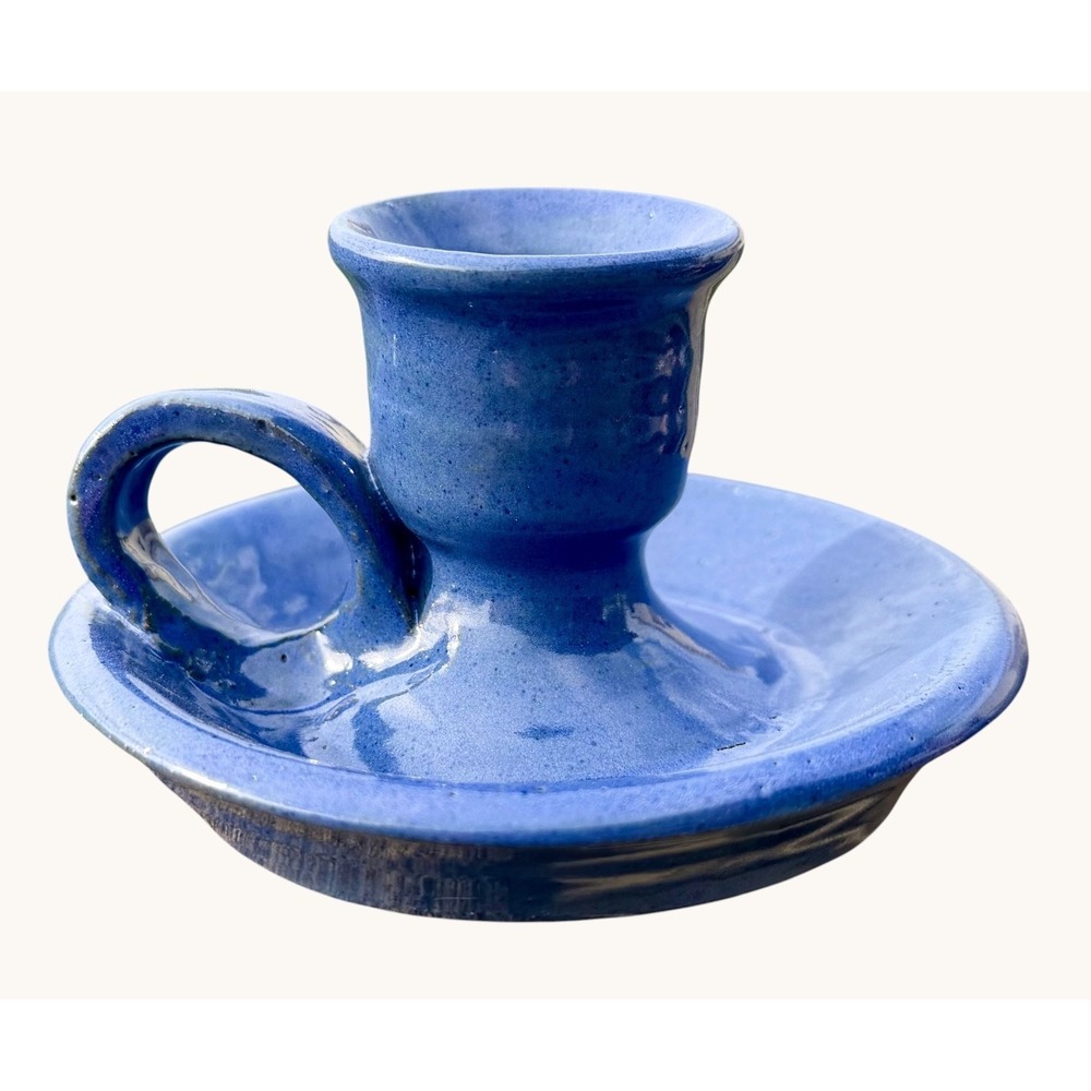 Vintage BYBEE Pottery Blue Chamber Candlestick Holder Signed BB Kentucky 4.25''